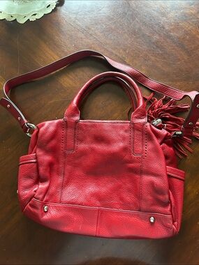 b. makowsky Red Leather Shoulder Satchel with Tassel